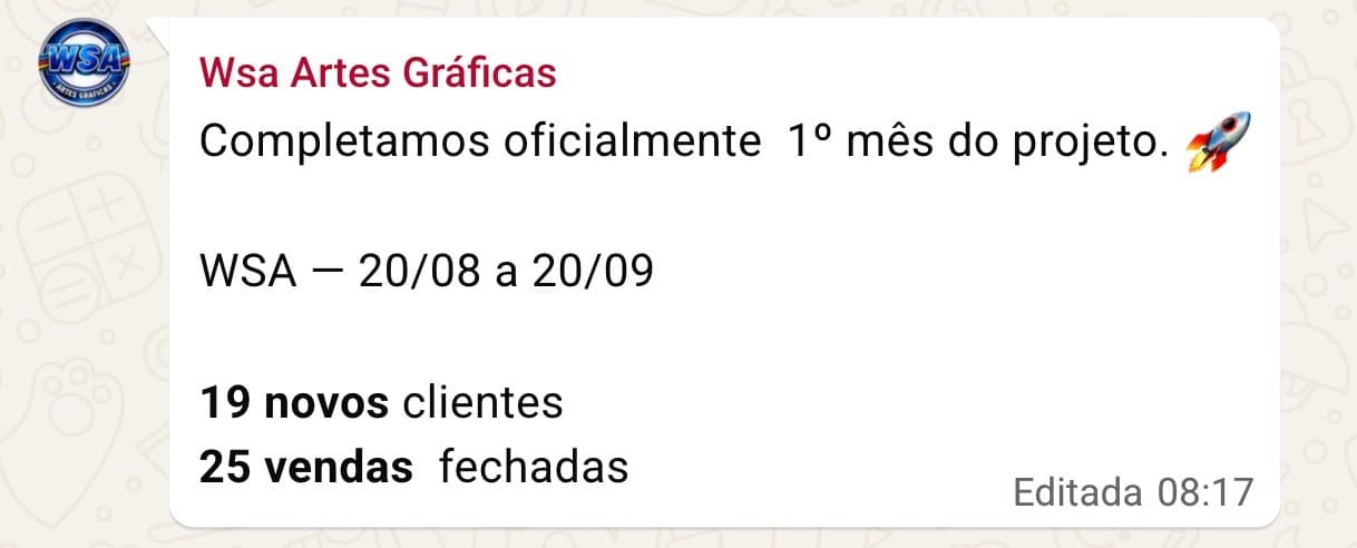 Mensagem de WhatsApp da WSA Artes Gráficas: primeiro mês do projeto, de 20/08 a 20/09, com 19 novos clientes e 25 vendas fechadas